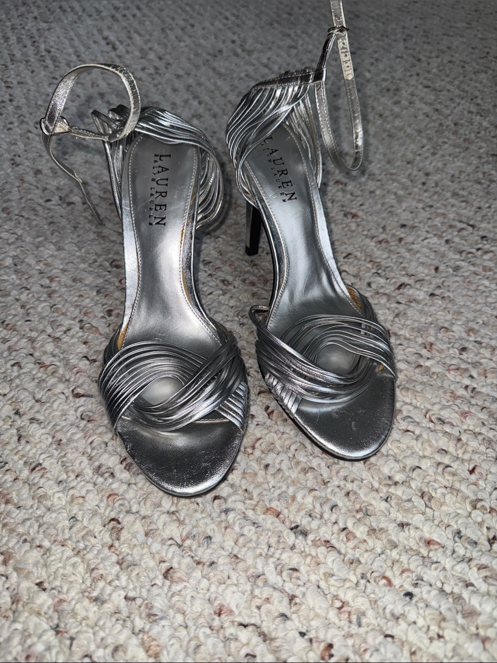 Lauren Ralph Lauren Metallic Silver Strappy Stiletto Sandals heels formal